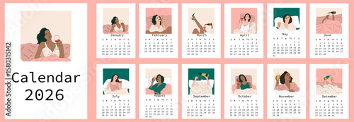 2026 calendar with abstract illustrations woman drinks a glass of wine in bed . Calendar planner minimal style, annual organizer. 