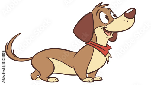 Cartoon dachshund with brown fur and a red bandana looking up with a happy expression on a white background
