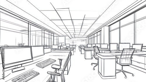 Interior sketch of a modern open-plan office space.