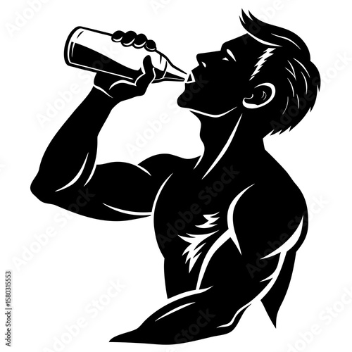 Silhouette of muscular man drinking from a bottle in side profile  
