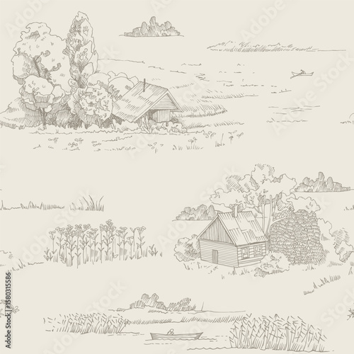 Drawn houses on the lake. Toile landscapes design in beige tones.