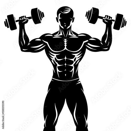 Male bodybuilder lifting weights with dumbbells in strong pose  