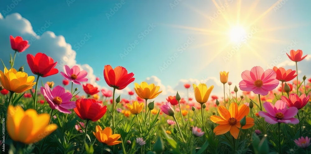 Obraz premium Vibrant Blooming Flowers in Sunny Meadow Growth, Hope, and a Promising Future