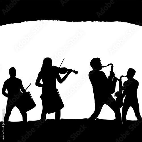 Silhouettes of Musicians with Musical Instruments on White Background

