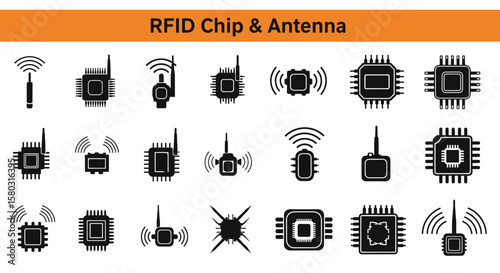  A collection of 20 RFID Chip & AntennaBlack flet Icon. The icons are neatly arranged in rows and columns, with a orange banner on the top that reads 'RFID Chip & Antenna