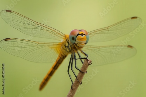 A dragonfly perches on a slender stick, its wings spread wide against a soft green backdrop