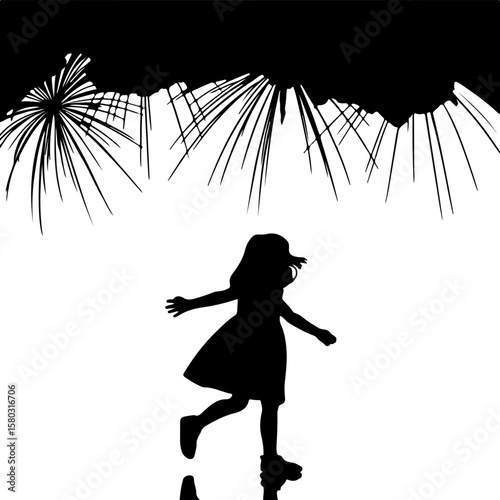 Silhouette of a Girl Enjoying Fireworks on White Background

