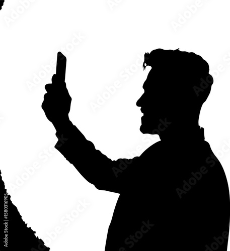 Silhouette of a Man Capturing a Selfie with His Phone on White Background