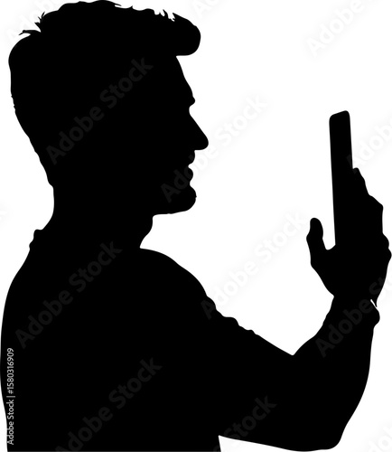 Silhouette of a Man Holding a Mobile Phone on White Background