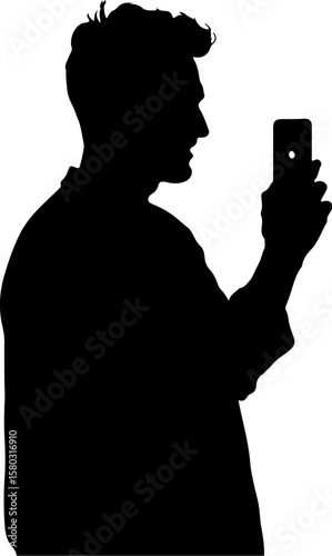 Silhouette of a Man Capturing a Selfie with His Phone on White Background