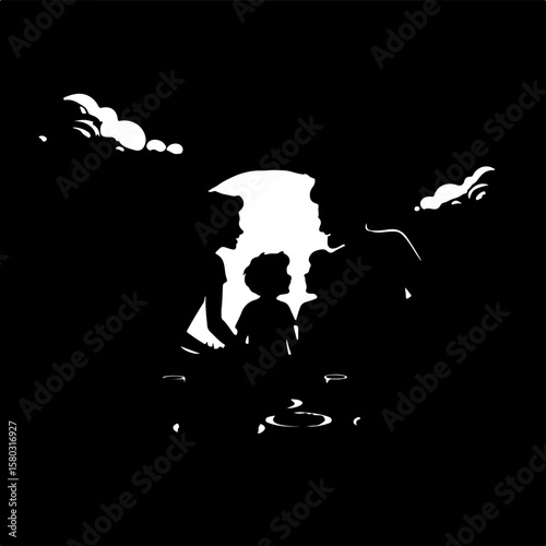 Silhouette of a Family Inside a Castle on White Background