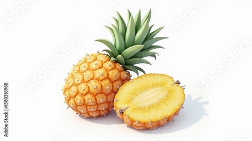 High-quality image of a ripe pineapple with green leaves, accompanied by a cleanly sliced half showing the juicy yellow flesh. Isolated on a white background, ideal for food-related designs, tropical.