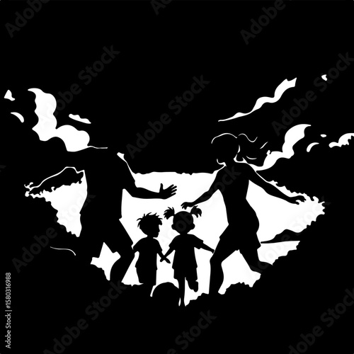 Silhouette of a Family on the Beach at Night Under the Moonlight