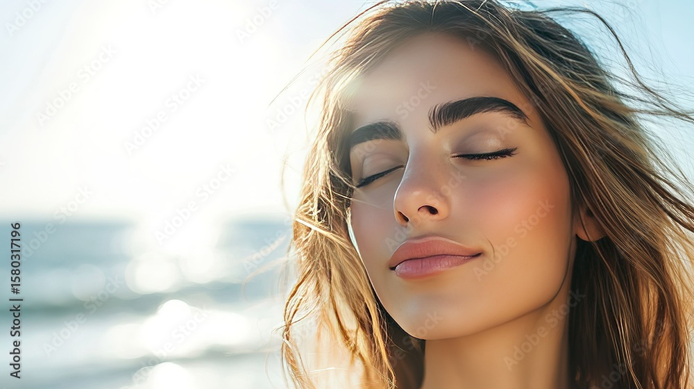 Woman enjoying a serene moment by the ocean, embodying calm and natural beauty. Woman enjoying a serene moment by the ocean, embodying calm and natural beauty.