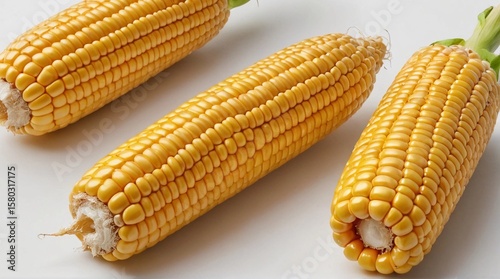 High-resolution image of three fresh sweet corn cobs isolated on a clean white background. The vibrant yellow kernels and natural texture highlight the organic quality of the corn.