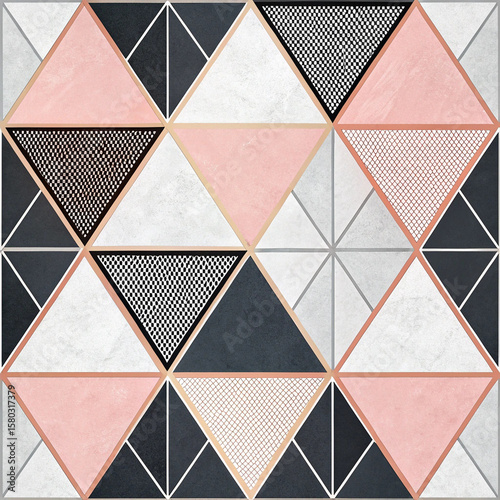 Geometric Seamless Tile Pattern with Retro Color Palette in Pink, Blue, and White

