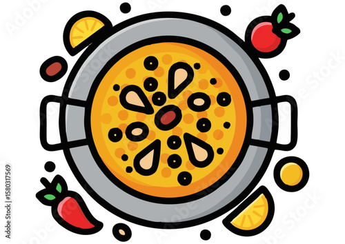 Colorful paella dish with fresh ingredients and a stylized design, vector art, copy spac