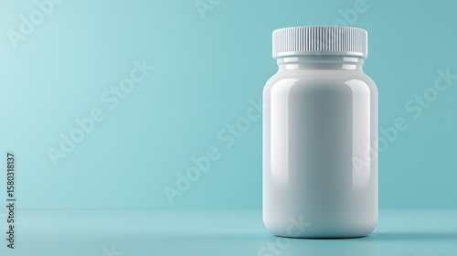 White plastic bottle with a ribbed cap standing on a light blue surface Plain background with copy space