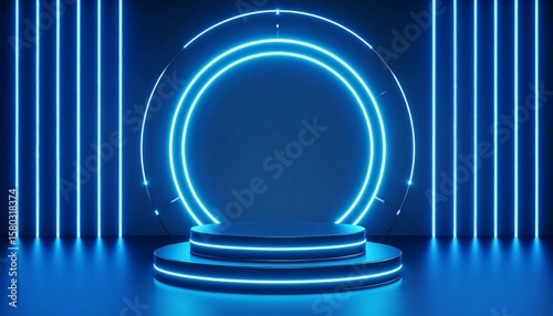 Showcase event modern firefly display podium with neon circle and glowing lines in futuristic environment