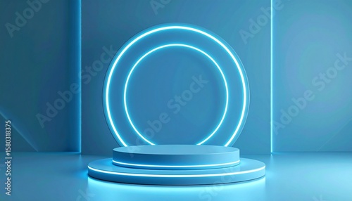 Showcase your products with a firefly modern render empty podium with neon circle and glowing lines in a futuristic environment
