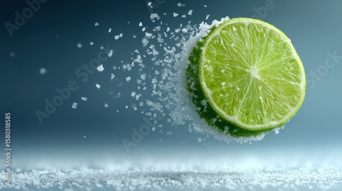 A Burst of Zesty Flavor, Fresh Lime Slice Exploding with Sea Salt Crystals on a Cool Background