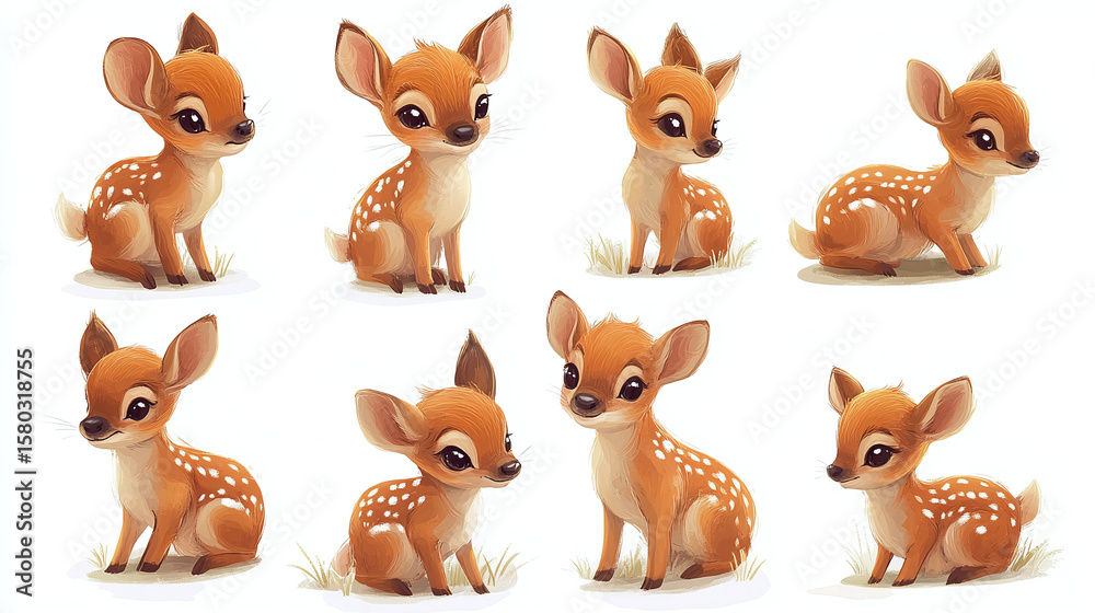 Fototapeta premium Cute adorable little deer depicted in different poses. Cute watercolor baby dear, bambi portrait set on white background. 