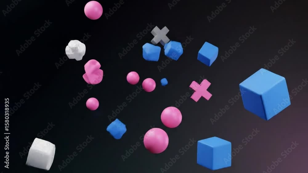 A playful and modern 3D abstract scene featuring a random assortment of geometric shapes like spheres cubes and crosses in vibrant pink and blue A minimalist and fun background.