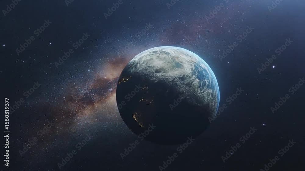 A digital rendering of a planet, possibly Earth or a similar world, set against a backdrop of stars and a vibrant, colorful galaxy.