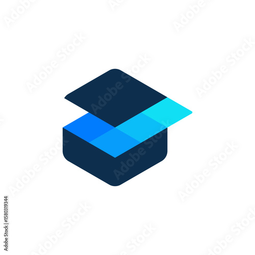 A sleek, dark blue logo resembling a partially open box or abstract book, with a bright blue inner layer, hinting at discovery or content