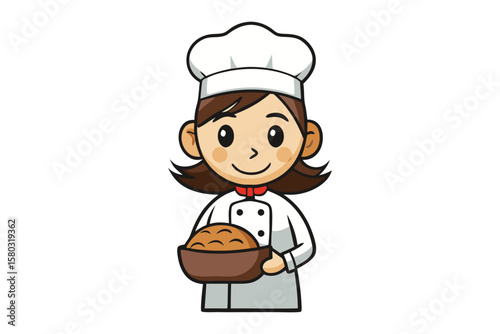 Smiling cartoon female baker in chef uniform holding a bowl of freshly baked bread rolls ready for serving