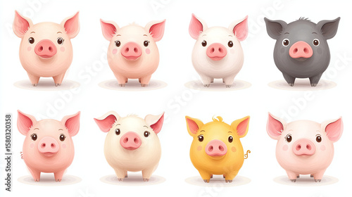 Set of Colorful Cartoon Cute Pigs in Charming Poses. Playful cartoon pig characters showcased in various delightful poses
