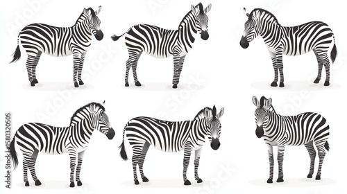 Detailed Illustration Set of Six Zebras in Various Poses and Angles. Isolated on white background.

