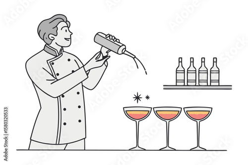 Skilled bartender expertly mixes cocktails with flair pouring ingredients into elegant glasses for a sophisticated drink experience