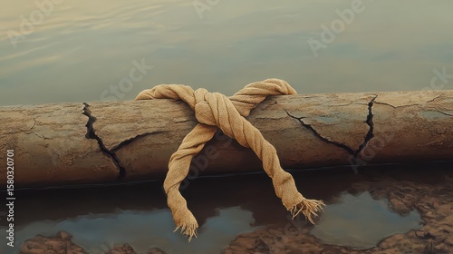 Twisted Rope Knot on a Weathered Log over Calm Water Surface