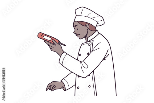 A chef in uniform carefully examines a red thermometer ensuring food safety and quality in the kitchen