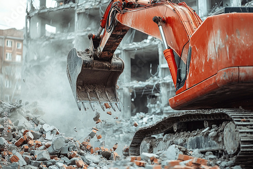 Excavator is tearing down a building at a construction site, involving heavy machinery, debris, and demolition work. Powerful excavator is demolishing  standing building in an urban environment.