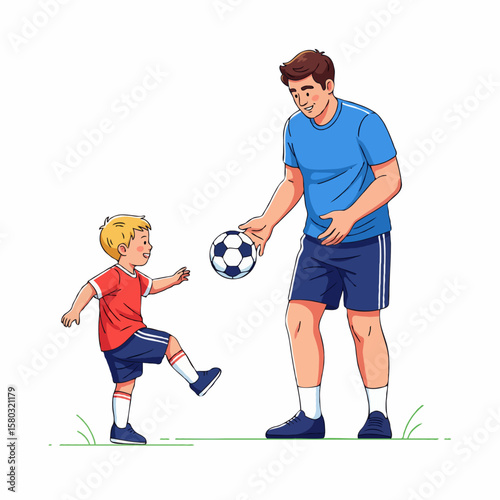 Happy Father and Son Playing Soccer Together Outdoors – Family Bonding and Active Lifestyle