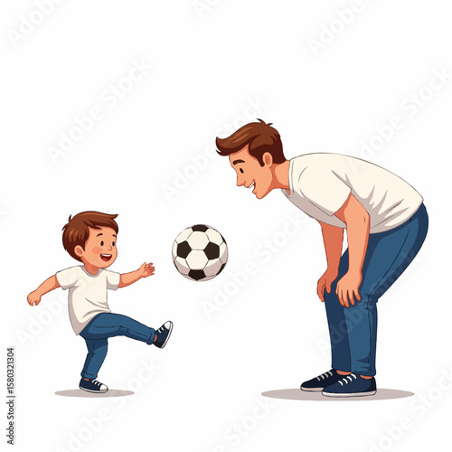 Happy Father and Son Playing Soccer Together Outdoors – Family Bonding and Active Lifestyle