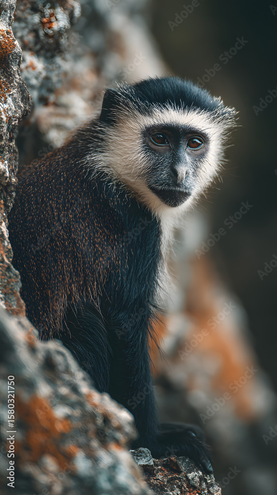 Obraz premium A monkey with a white face and black hair is sitting on a rock
