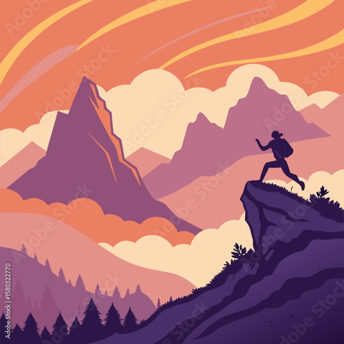 Silhouette of a female hiker jumping on a cliff with scenic mountains and vibrant sky, representing freedom, courage, and adventure.

