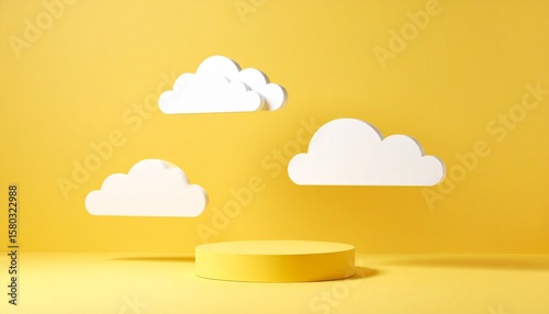 Celebration of success on a yellow podium surrounded by fluffy white clouds in a soft yellow environment
