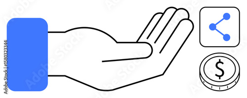 Open hand alongside icons of sharing and money implies partnership, sharing, donation, business, economy, collaboration, charity, finance and minimal marketing. Ideal for simple landing page