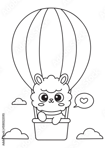 Coloring book Alpaca flying in a hot air balloon with heart icon.
