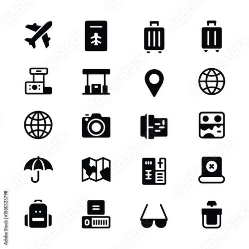 Modern Wanderlust Travel Icon Set – Vector Black Travel Symbols Including Airplane, Passport, Luggage, Camera, Map, Location Pin, Hotel, and More – Minimal Flat Design for Tourism and Vacation Project