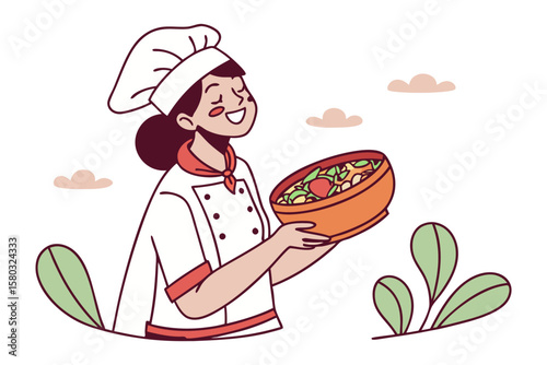 Joyful chef in uniform proudly presents a deliciously prepared bowl of fresh food amidst nature elements