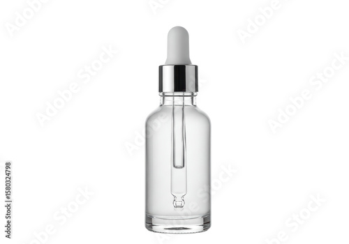 Isolated Clear Glass Dropper Bottle with Silver Cap