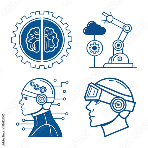 Set of tech icons featuring AI brain, robotics, cloud computing, and VR headsets, ideal for innovation designs. Blue vector illustration with a futuristic style.