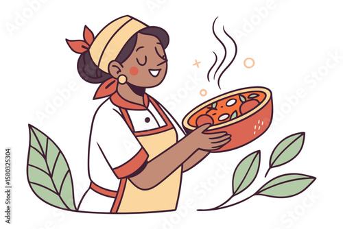 Joyful chef presents a steaming bowl of delicious food surrounded by decorative leaves and abstract shapes