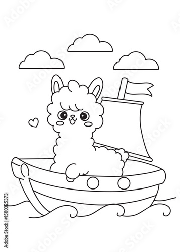Coloring book page Alpaca riding a sailboat in the sea with hearts