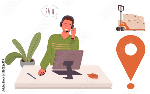 Person wearing a headset at a desk speaking, surrounded by plant, computer, cart with boxes, and location marker. Ideal for customer service, logistics, delivery tracking, support supply chain